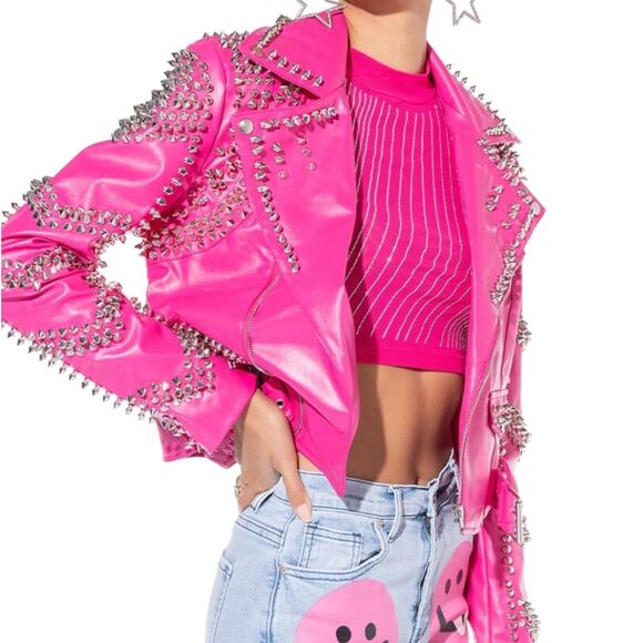 Azalea Wang Pink Studded Moto Biker Jacket S Barbiecore Spiked Punk Rock Y2K - Picture 1 of 10